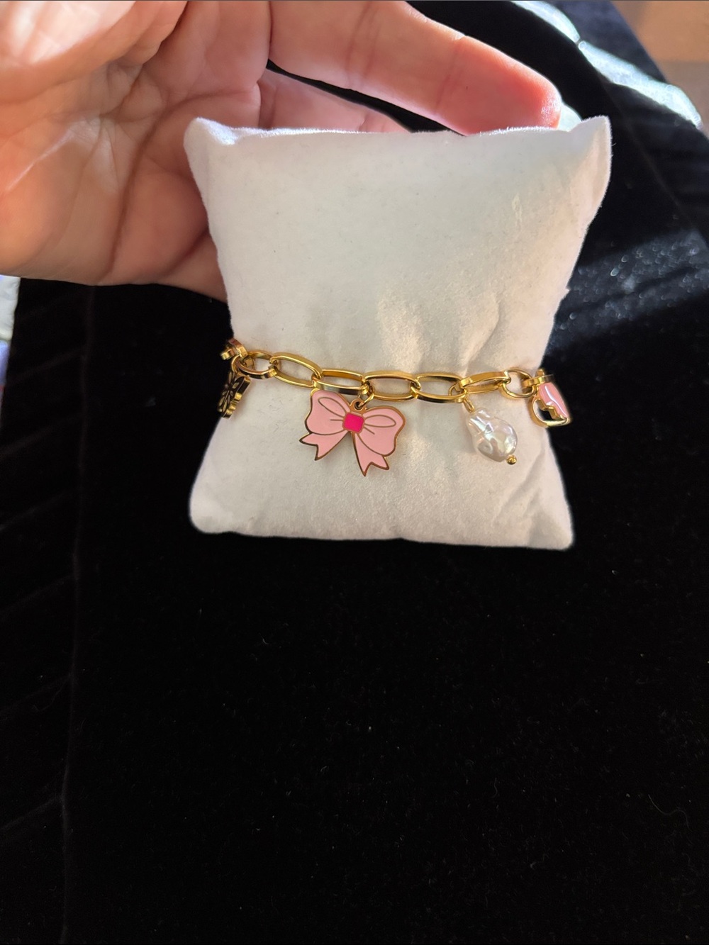 Gold Chain Charm Bracelet with Pink Bow Charm